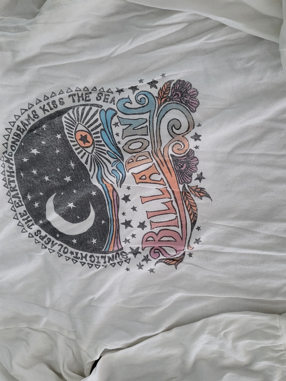 Billabong White Tee with Pastel Sun, Moon & Floral Graphic